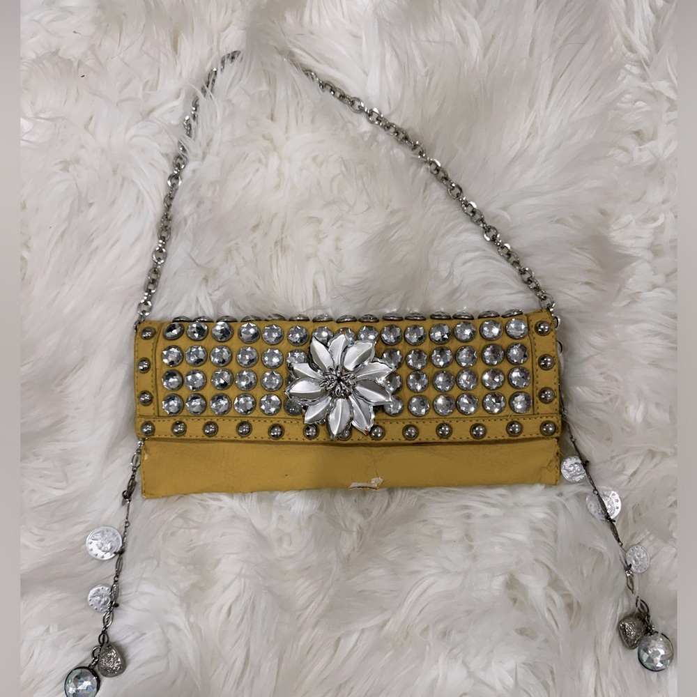 Vegan Leather clutch mustard yellow with gems